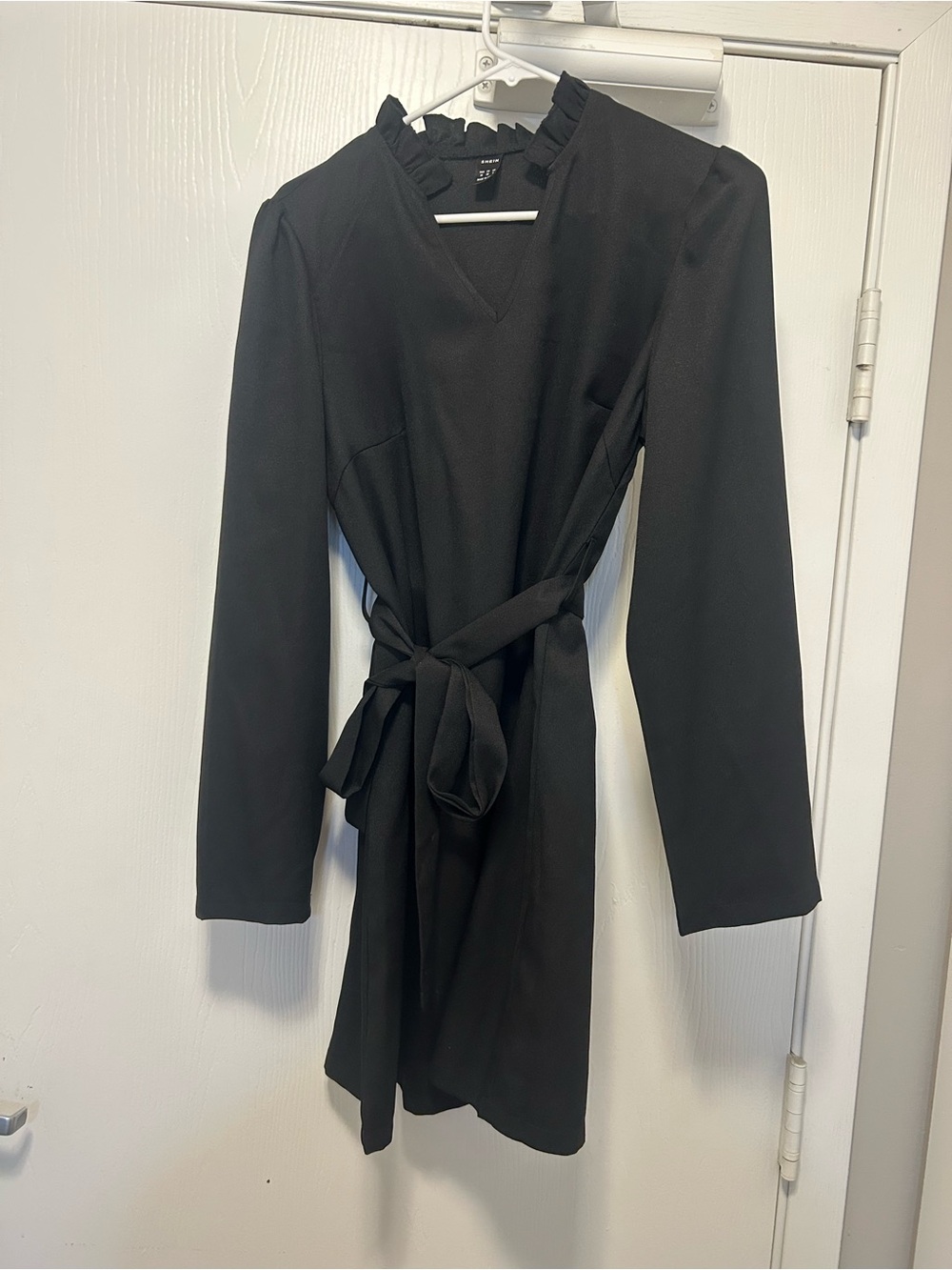 Black Long-Sleeve Ruffled Neck Wrap Dress